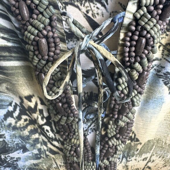 ALBERTO MAKALI Blue Green Floral Print Beaded Lace Up V-Neck Size L Sheer Sleeve - Picture 3 of 11